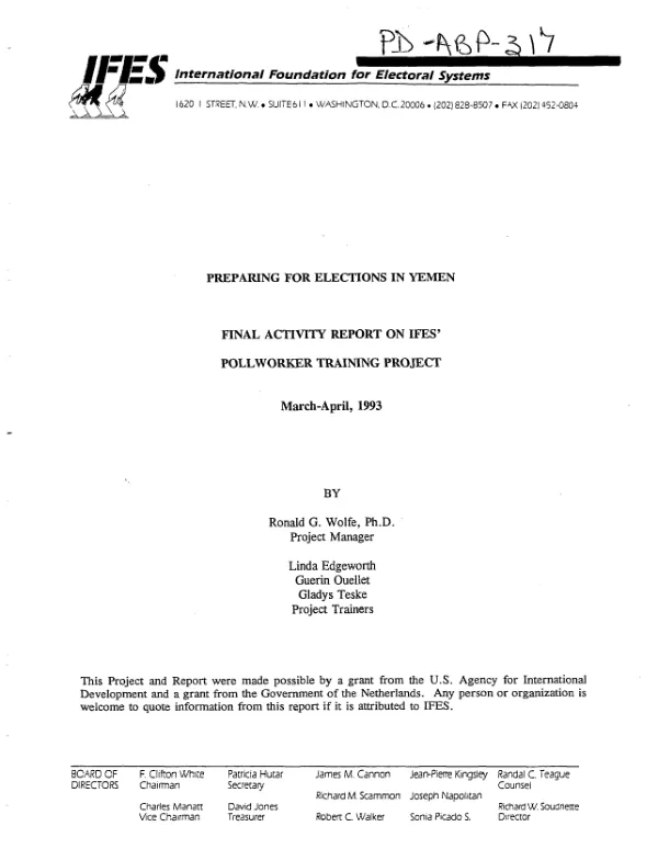 Preparing for elections in Yemen : final activity report on IFES" pollworker training project -- March-April, 1993