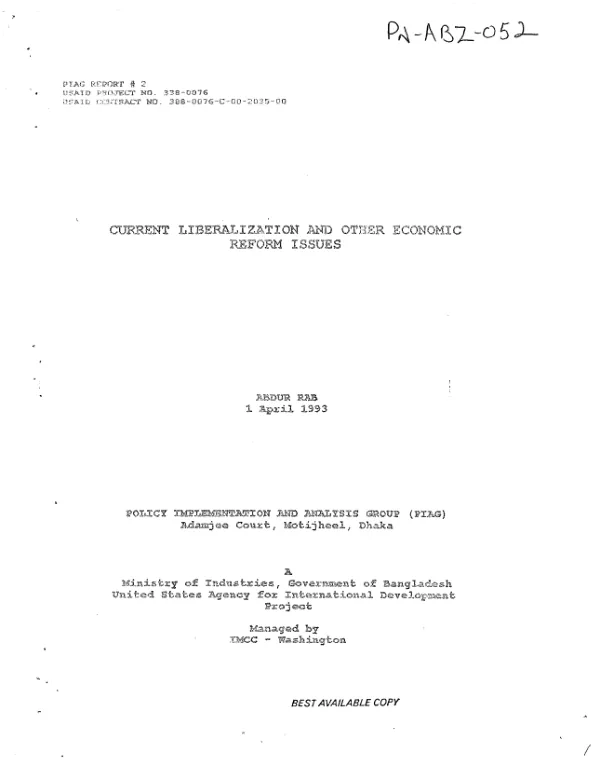 Current liberalization and other economic reform issues