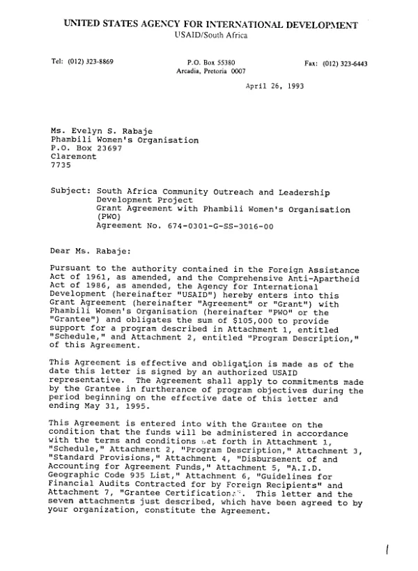 AID grant agreement no. 674-0301-G-SS-3016-00 to Phambili Women"s Organisation in support of its AIDS education in rural South Africa program under the South Africa community outreach and leadership development [COLD] project