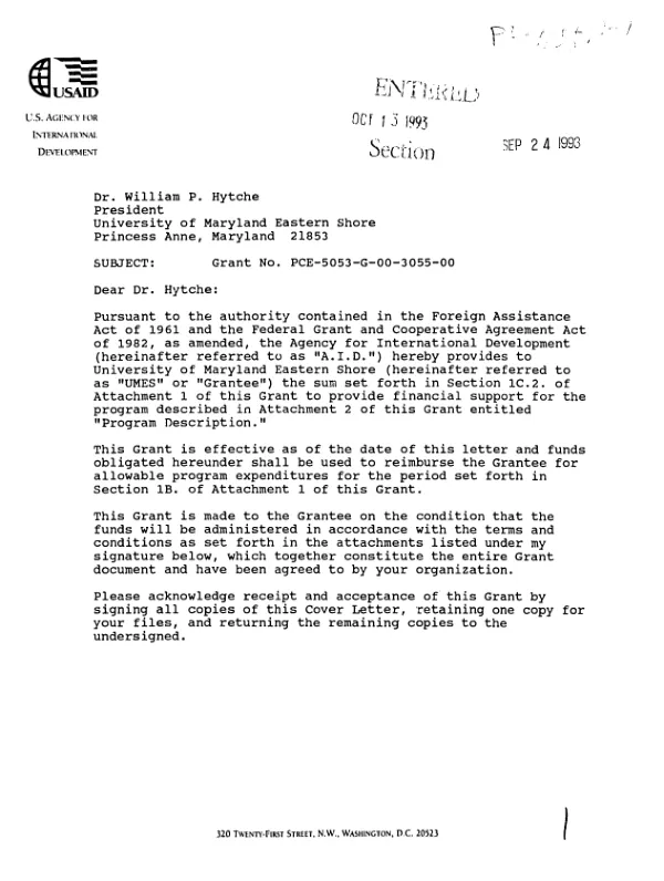 AID grant no. PCE-5053-G-00-3055-00 to the University of Maryland Eastern Shore (UMES) for `Farm management practices and their impact on food crops production in Cameroon : the case of South West Province`