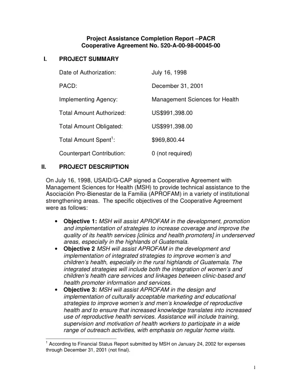 Project assistance completion report (PACR) : cooperative agreement no. 520-A-00-98-00045-00