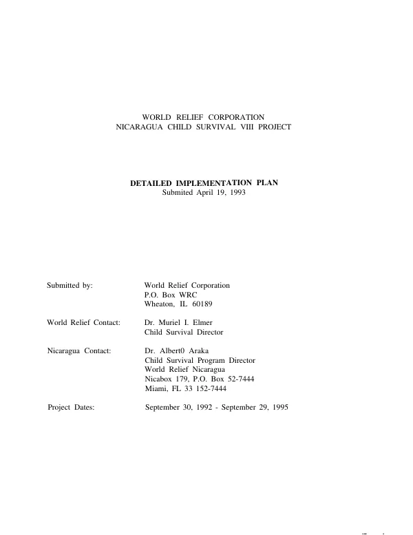 World Relief Corporation : Nicaragua child survival VIII project detailed implementation plan