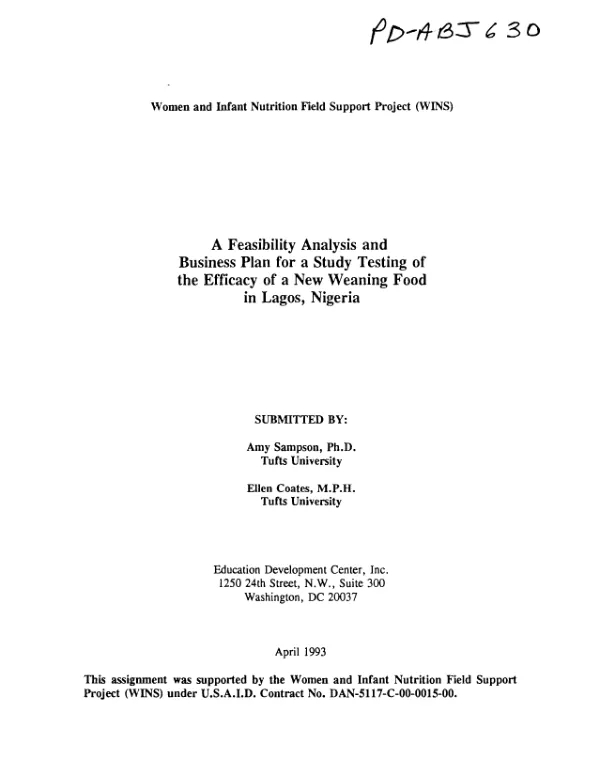 Feasibility analysis and business plan for a study testing of the efficacy of a new weaning food in Lagos, Nigeria