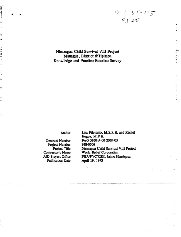 Nicaragua child survival VIII project Managua, District 6/Tipitapa : knowledge and practice baseline survey (FY93)
