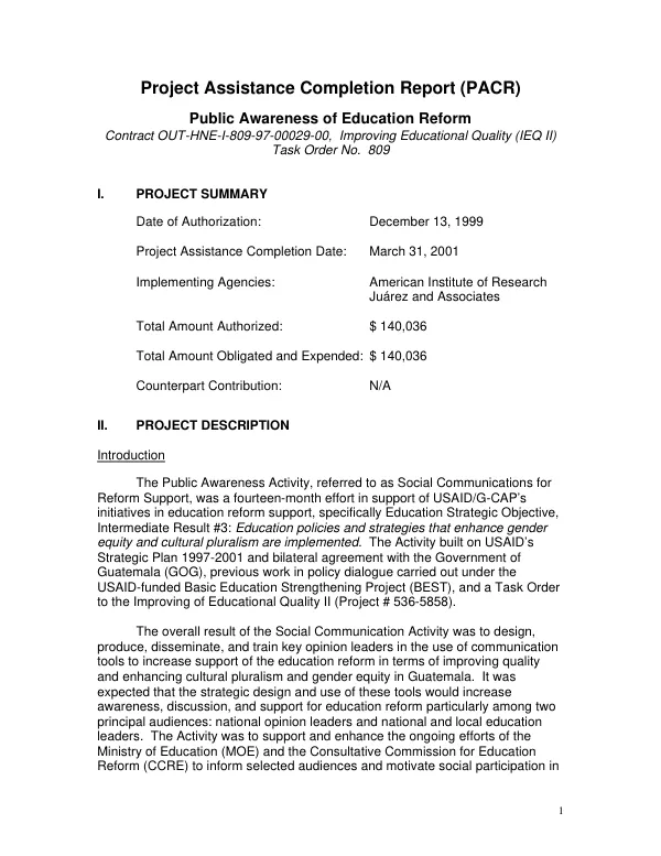 Project assistance completion report (PACR) : public awareness of education reform -- contract OUT-HNE-I-809-97-00029-00, improving educational quality (IEQ II) : task order no. 809