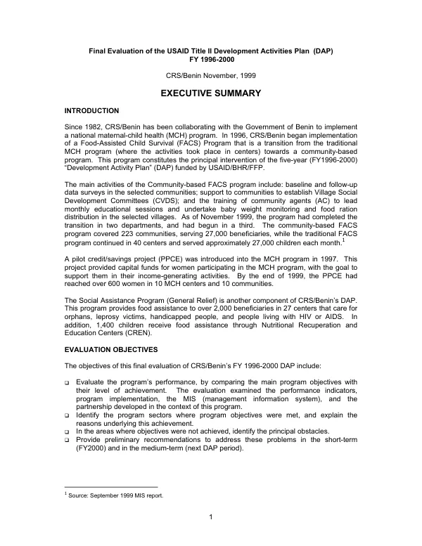 Final evaluation of the USAID Title II development activities plan (DAP), FY 1996-2000