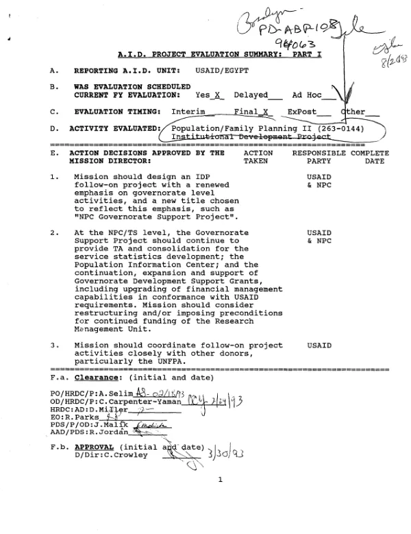 Population/family planning II (263-0144) : institutional development project