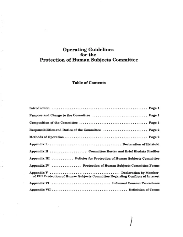 Operating guidelines for the protection of Human Subjects Committee