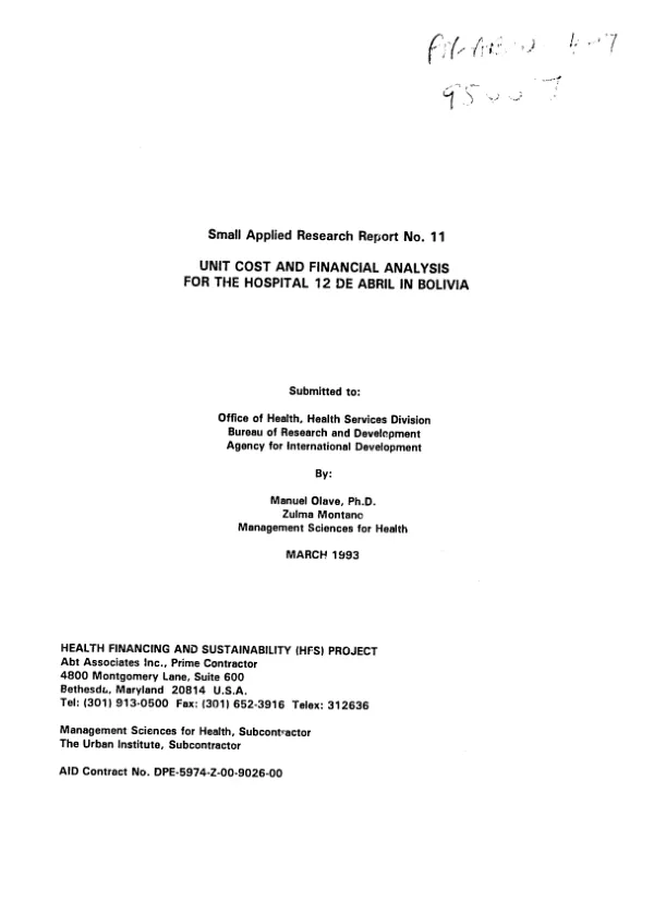 Unit cost and financial analysis for the Hospital 12 de Abril in Bolivia