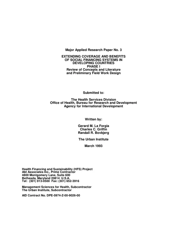 Extending coverage and benefits of social financing systems in developing countries -- phase 1 : review of concepts and literature and preliminary field work design
