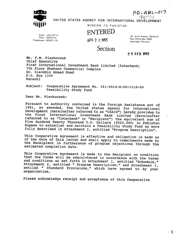 AID cooperative agreement no. 391-0514-A-00-3316-00 with the First International Investment Bank Limited (Interbank) to provide support for the establishment of a Private Sector Feasibility Fund to finance feasibility studies for US and Pakistani private sector firms