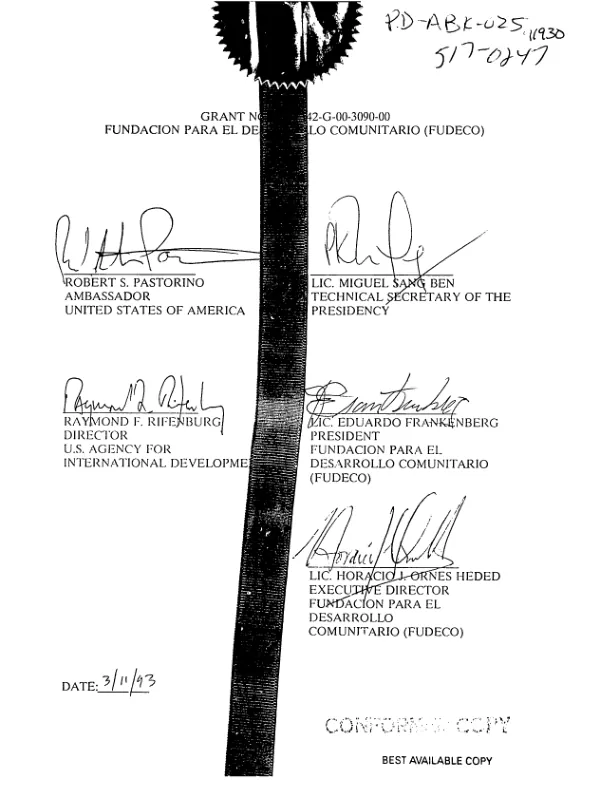 AID grant no. 517-0247-G-00-3090-00 to the Fundacion para el Desarrollo Comunitario, Inc. (FUDECO) to implement the integrated health and natural resources management project