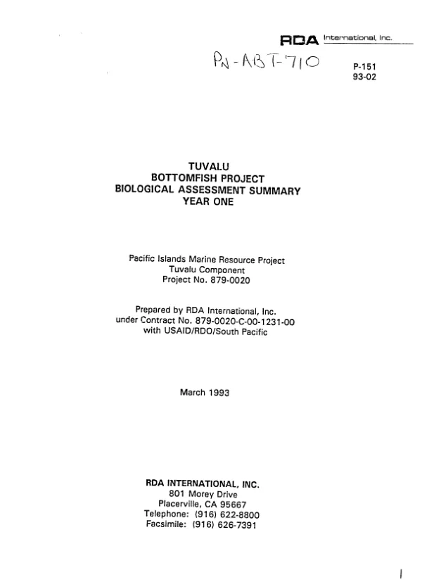 Tuvalu bottomfish project : biological assessment summary -- year one