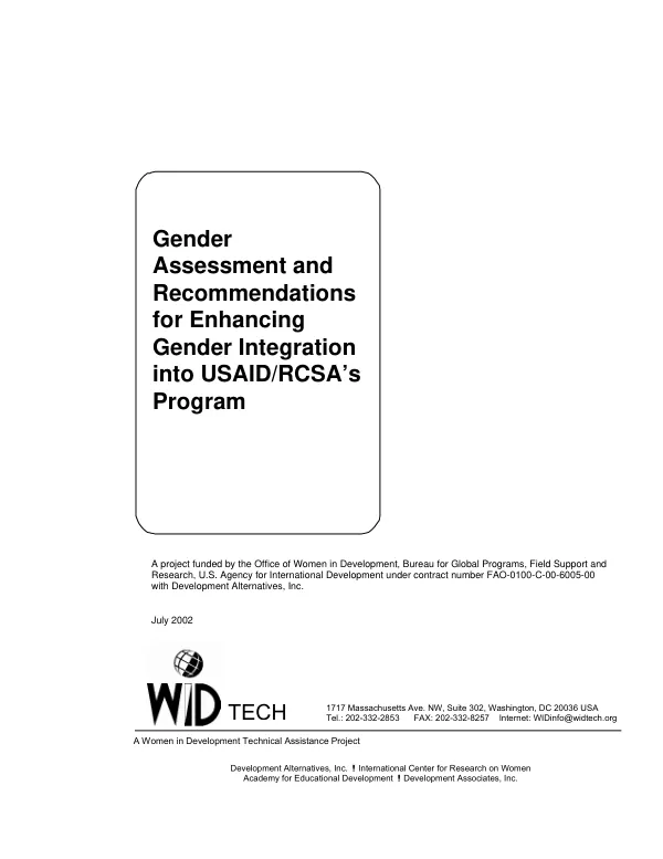 Gender assessment and recommendations for enhancing gender integration into USAID/RCSA's program