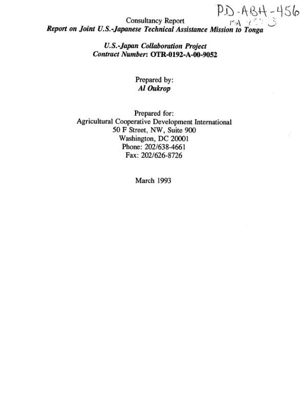 Consultancy report on joint US-Japanese technical assistance mission to Tonga for the US-Japanese collaboration project, cooperative agreement no. OTR-0192-A-00-9052-00, amendment no. 14