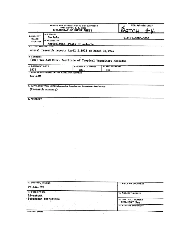 ANNUAL RESEARCH REPORT : APRIL 1, 1973 TO MARCH 31, 1974