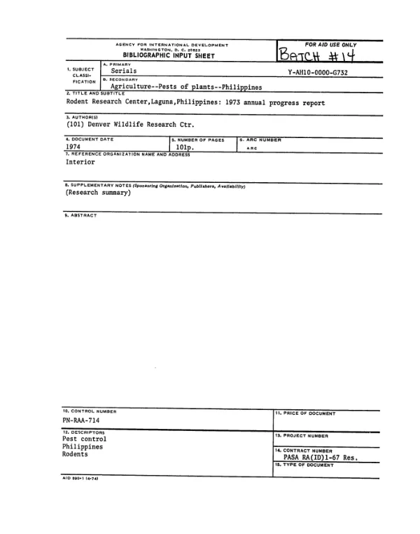 RODENT RESEARCH CENTER, LAGUNA, PHILIPPINES : 1973 ANNUAL PROGRESS REPORT