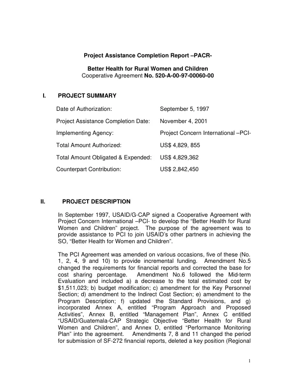 Project assistance completion report (PACR) : better health for rural women and children -- cooperative agreement no. 520-A-00-97-00060-00
