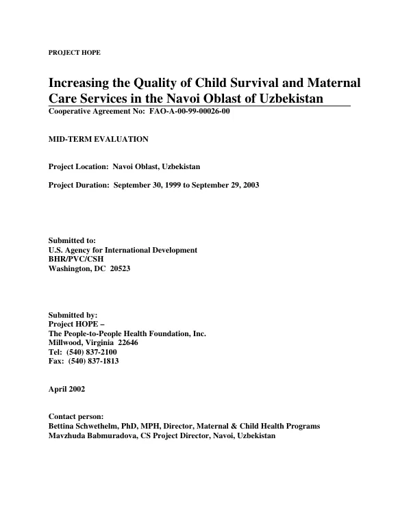 Increasing the quality of child survival and maternal care services in the Navoi Oblast of Uzbekistan : mid-term evaluation