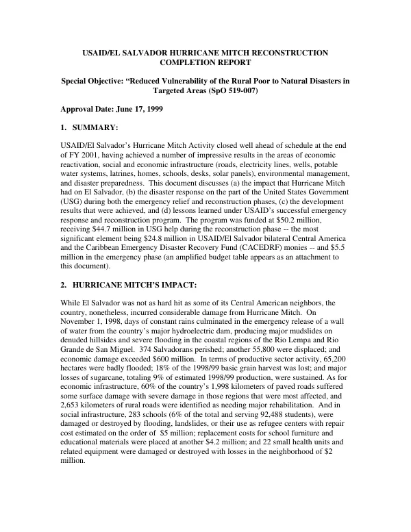 USAID/El Salvador Hurricane Mitch reconstruction : completion report -- special objective : 'reduced vulnerability of the rural poor to natural disasters in targeted areas['] (SpO 519-007)