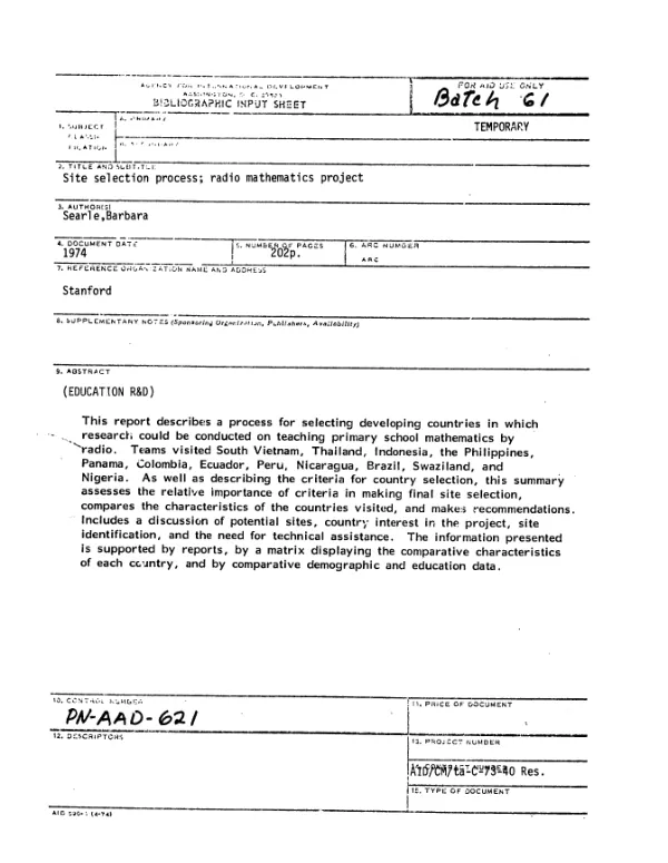 Site selection process; radio mathematics project