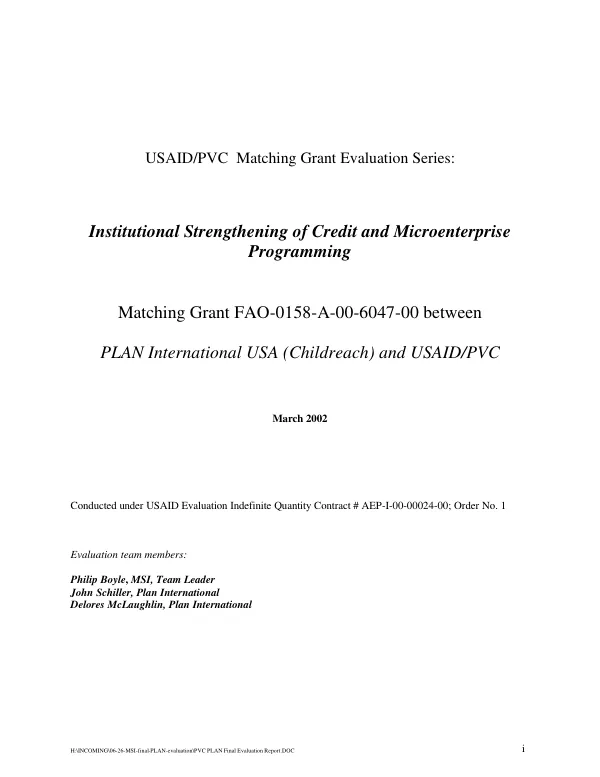 Institutional strengthening of credit and microenterprise programming : matching grant FAO-0158-A-00-6047-00 between Plan International USA (Childreach) and USAID/PVC