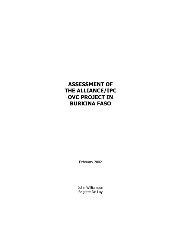 Assessment of the [International HIV/AIDS] Alliance/IPC [Initiative Privee et Communautaire de Lutte contre le VIH/SIDA] OVC [orphans and other vulnerable children] project in Burkina Faso