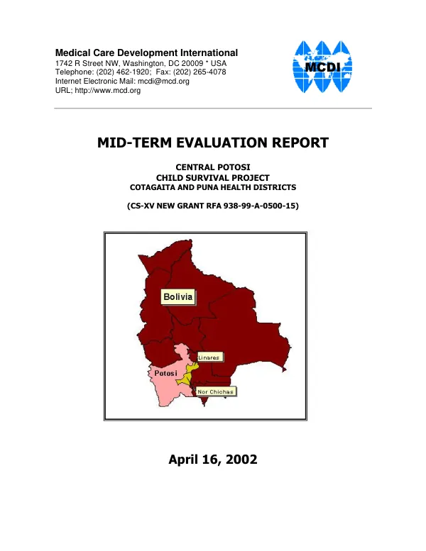 Mid-term evaluation report : Central Potosi child survival project, Cotagaita and Puna health districts[, Bolivia] -- (CS-XV new grant RFA 938-99-A-0500-15)