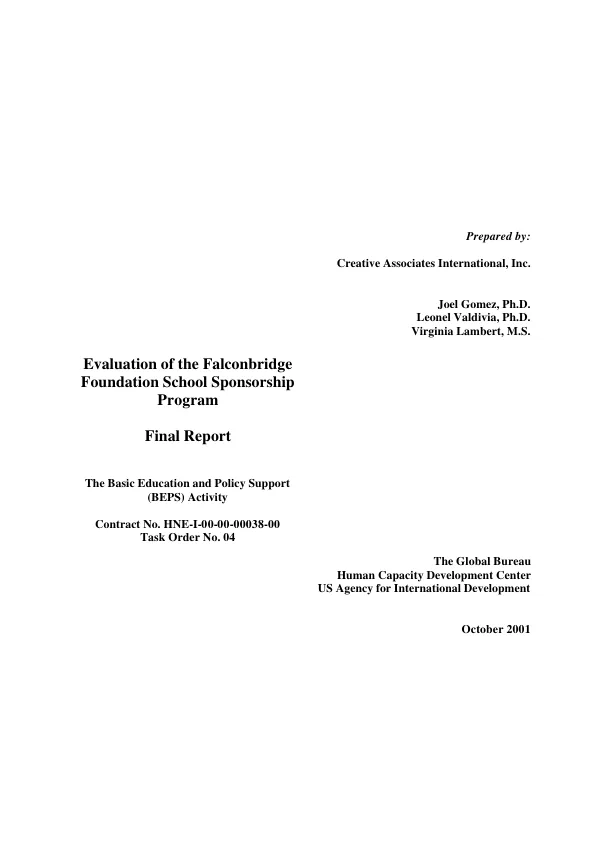 Evaluation of the Falconbridge Foundation school sponsorship program : final report