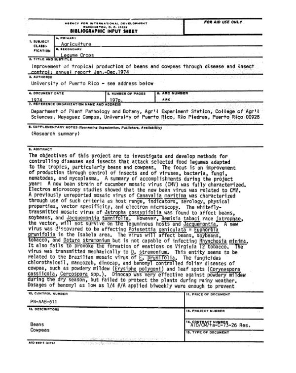 Improvement of tropical production of beans and cowpeas through disease and insect control; annual report Jan.-Dec. 1974