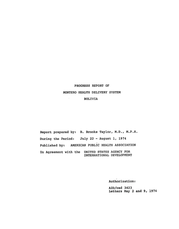 Montero health delivery system, Bolivia, progress report