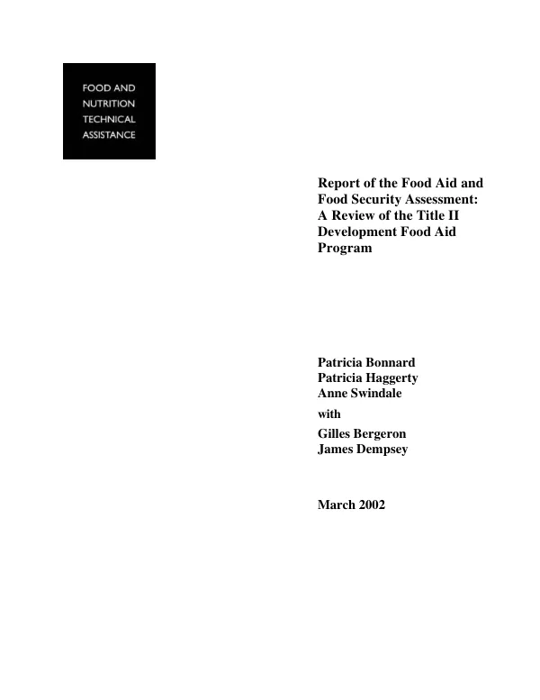 Report of the food aid and food security assessment : a review of the Title II development food aid program