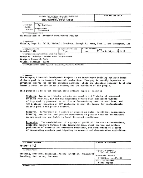 Evaluation of livestock development project, final report