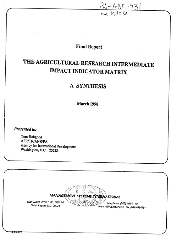 The agricultural research intermediate impact indicator matrix : a synthesis