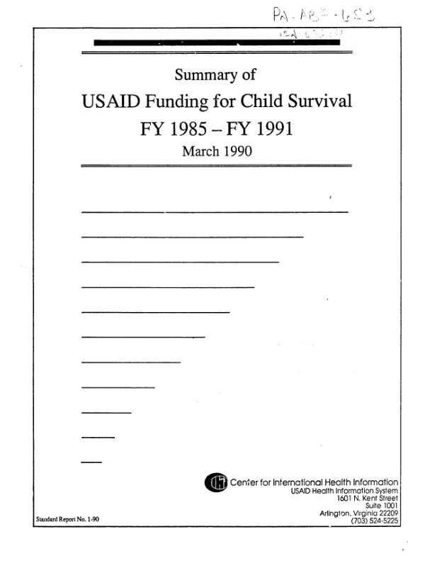 Summary of USAID funding for child survival, FY 1985-FY 1991