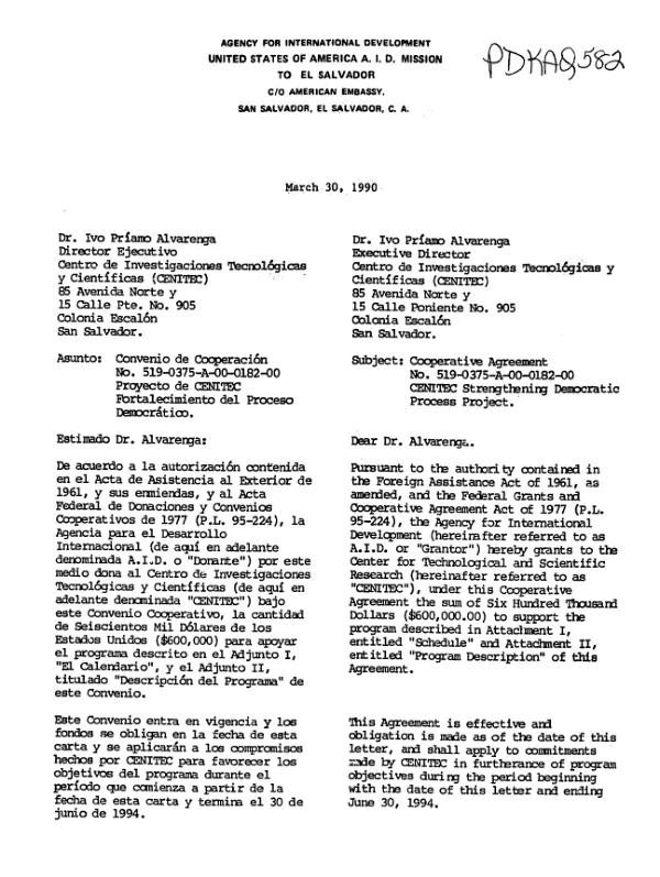 AID cooperative agreement no. 519-0375-A-00-0182-00 with CENITEC (Centro de Investigaciones Tecnologicas y Cientificas) for strengthening the democratic process