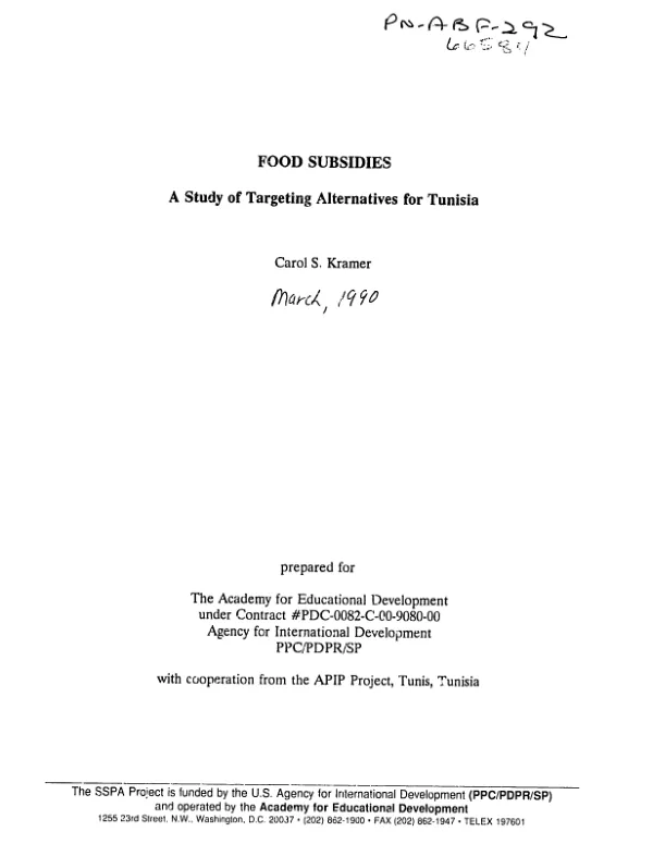 Food subsidies : a study of targeting alternatives for Tunisia