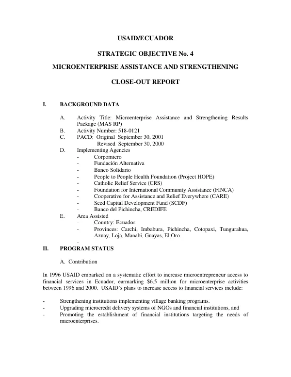 USAID/Ecuador : strategic objective no. 4, microenterprise assistance and strengthening -- close-out report