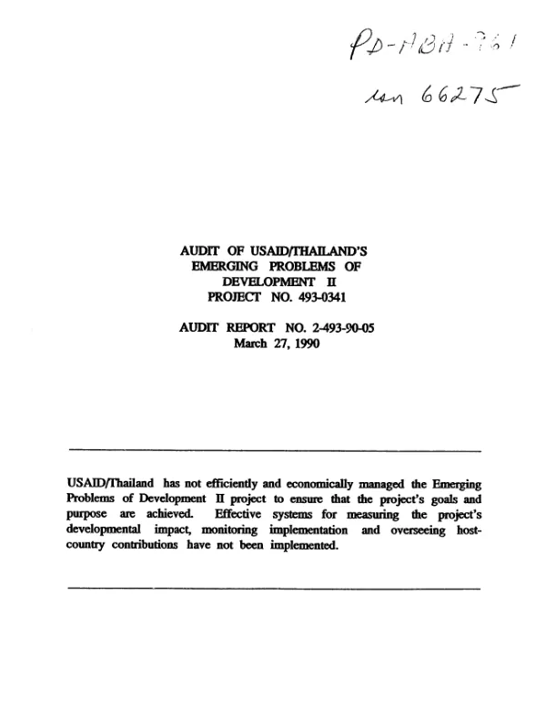 Audit of USAID/Thailand"s emerging problems of development II, project no. 493-0341