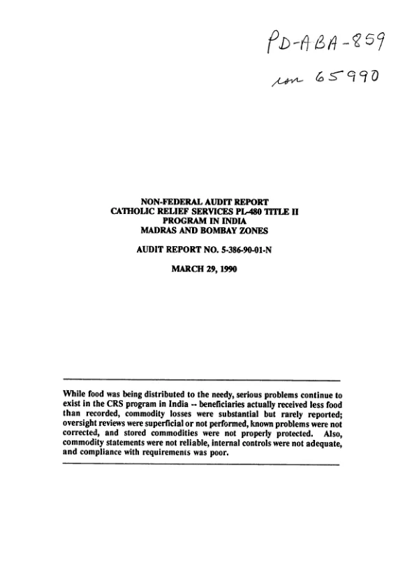 Non-federal audit report Catholic Relief Services PL-480 Title II program in India, Madras and Bombay zones