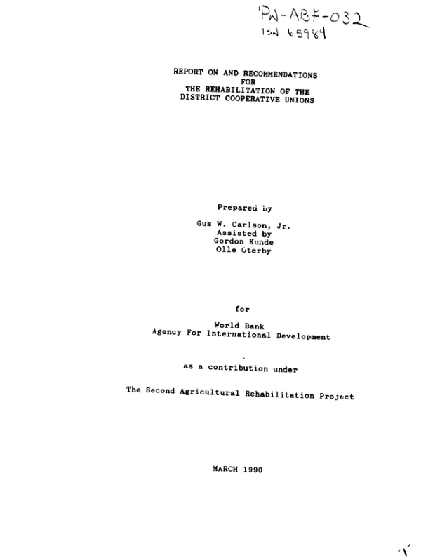 Report and recommendations for the rehabilitation of the District Cooperative Unions