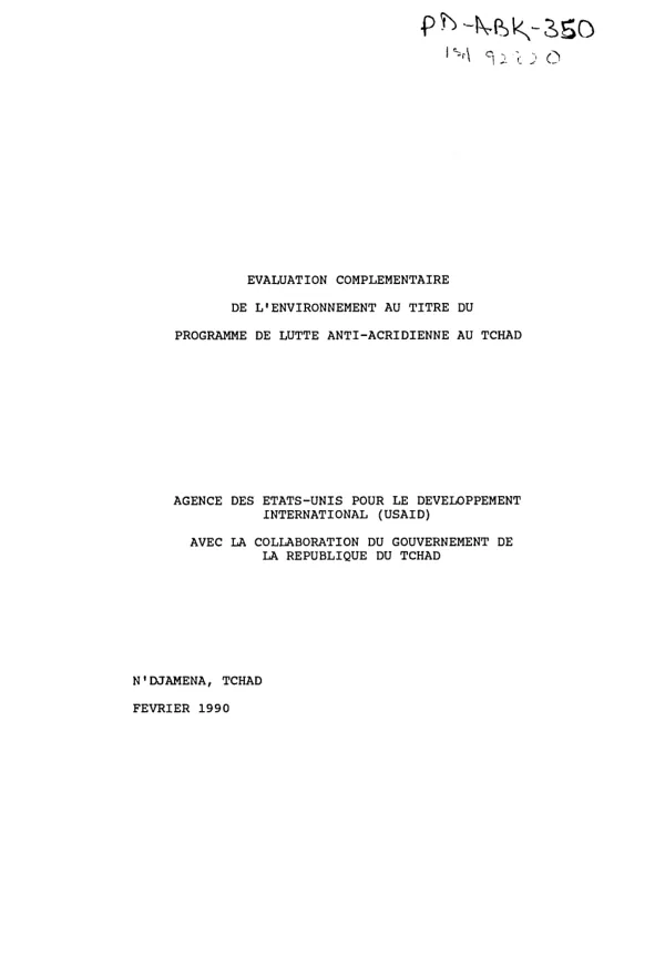 Evaluation complementaire de l"environnement au titre du programme de lutte anti-acridienne au Tchad