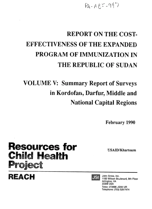 Report on the cost-effectiveness of the expanded programme of immunization in the Republic of Sudan -- volume V : summary report of surveys in Kordofan, Darfur, middle and national capital regions