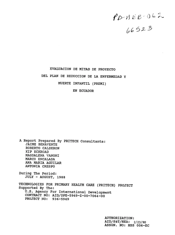 Evaluacion de mitad de proyecto del plan de reduccion de la enfermedad y muerte infantil (PREMI) en Ecuador
