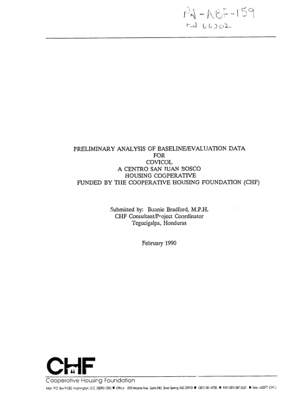 Preliminary analysis of baseline/evaluation data for COVICOL, a Centro San Juan Bosco housing cooperative funded by the Cooperative Housing Foundation (CHF)