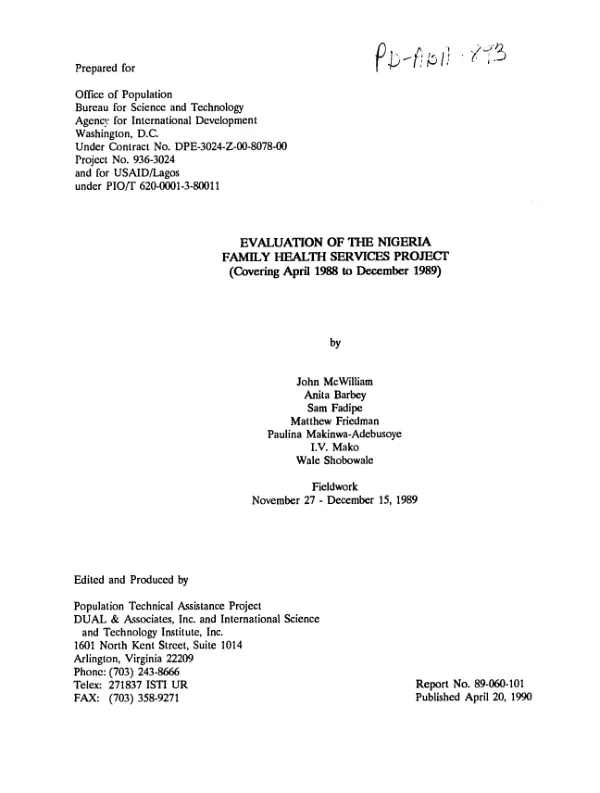 Evaluation of the Nigeria family health services project (covering April 1988 to December 1989)