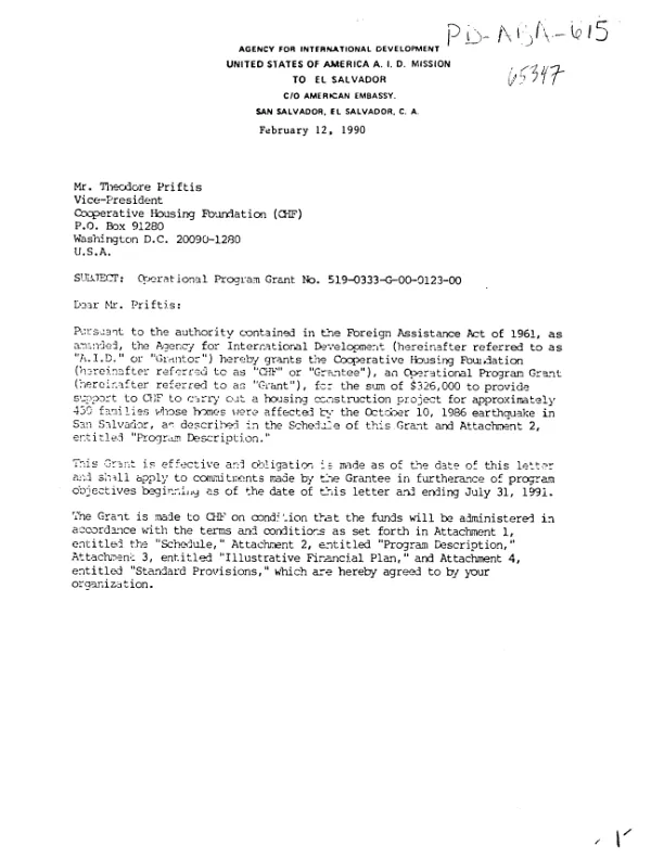 Operational program grant no. 519-0333-G-00-0123-00 to the Cooperative Housing Foundation (CHF) to carry out a housing construction project for approximately 450 families whose homes were affected by the 1986 earthquake in San Salvador