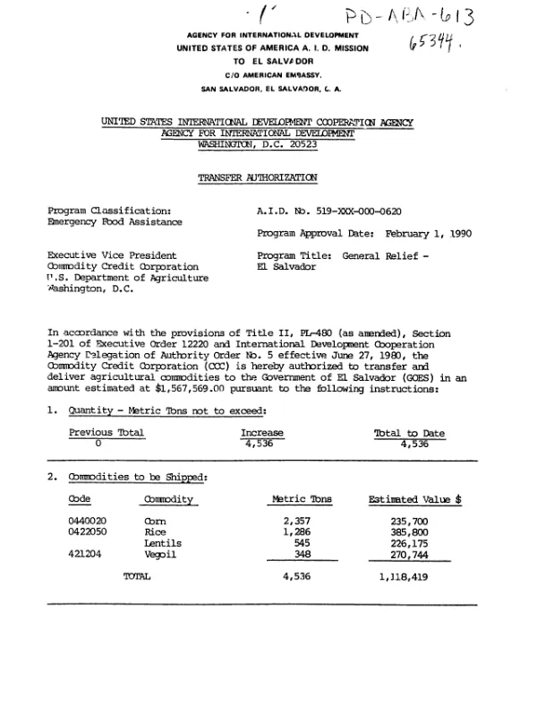 [General relief - El Salvador :] transfer authorization