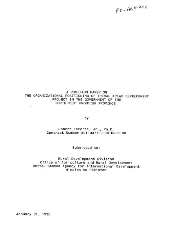 Position paper on the organizational positioning of tribal areas development project in the Government of the North West Frontier Province