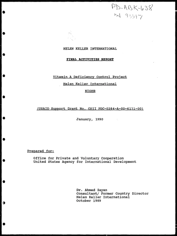 Final activities report : vitamin A deficiency control project -- Helen Keller International -- Niger